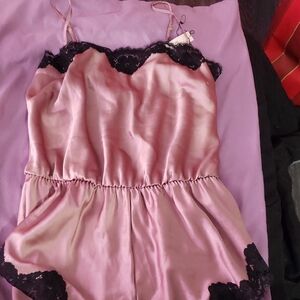 Victoria's Secret Pink Satin Romper with Black Lace Trim